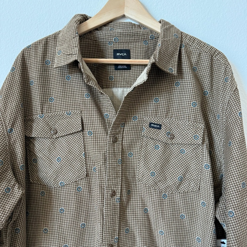 RVCA Brown Houndstooth Button Up Freeman Corduroy Long 100% Cotton Sleeve XXL - Picture 6 of 16
